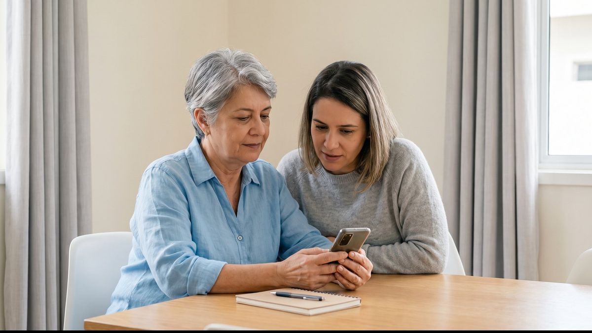 Aposentada sentada à mesa da sala segura o celular e confere uma informação com calma, com a filha ao lado.